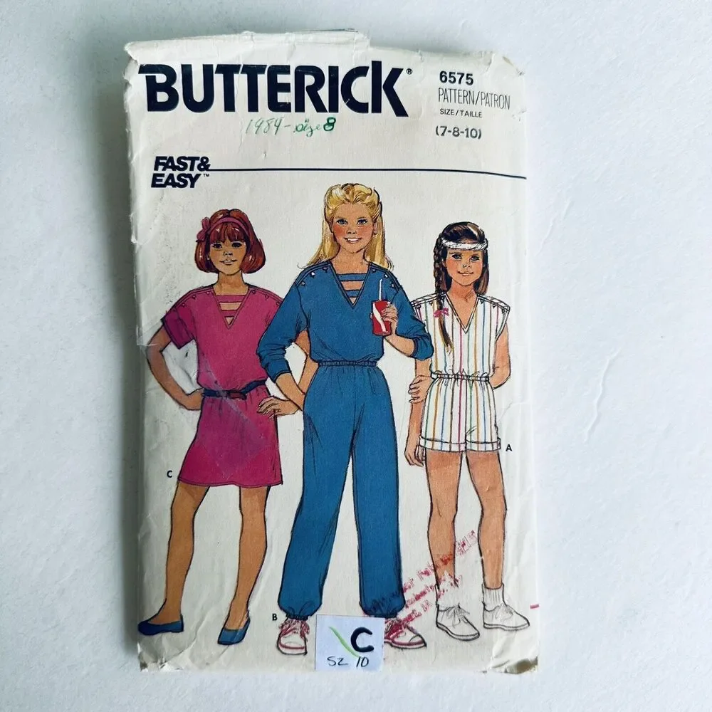VINTAGE 70s BUTTERICK SEWING PATTERN 6575 Girls SIZE 7-10 DRESS JUMPSUIT CUT